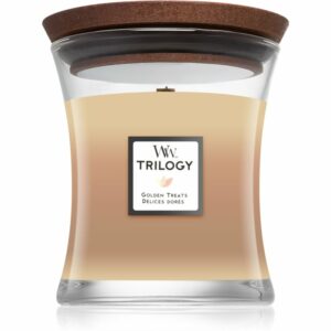 Woodwick Trilogy Golden Treats illatos gyertya fa kanóccal 275 g Woodwick